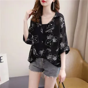 Summer new style plus size women's chiffon shirt female short-sleeved bat sleeve Korean version was thin wild shirt