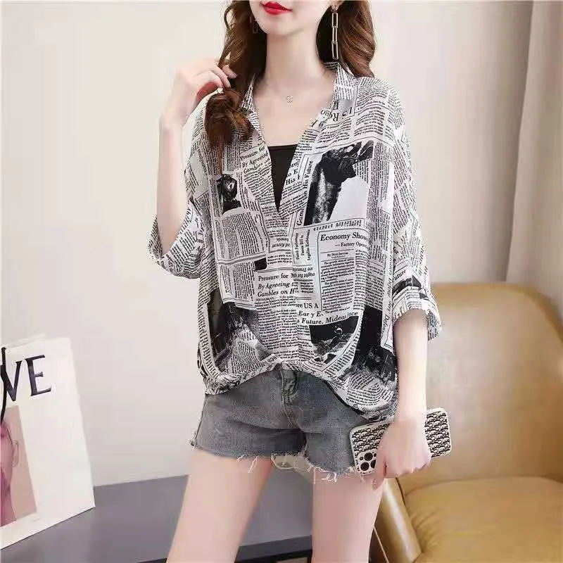 Summer new style plus size women's chiffon shirt female short-sleeved bat sleeve Korean version was thin wild shirt