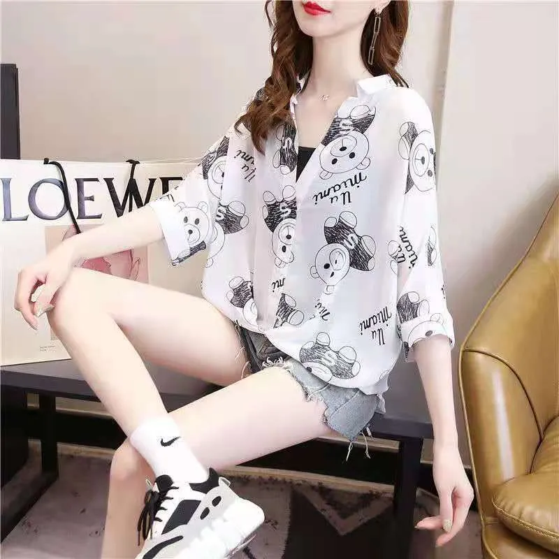 Summer new style plus size women's chiffon shirt female short-sleeved bat sleeve Korean version was thin wild shirt