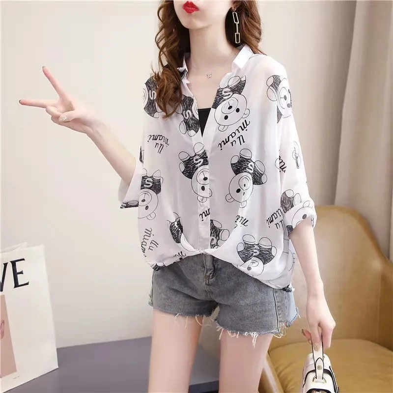 Summer new style plus size women's chiffon shirt female short-sleeved bat sleeve Korean version was thin wild shirt