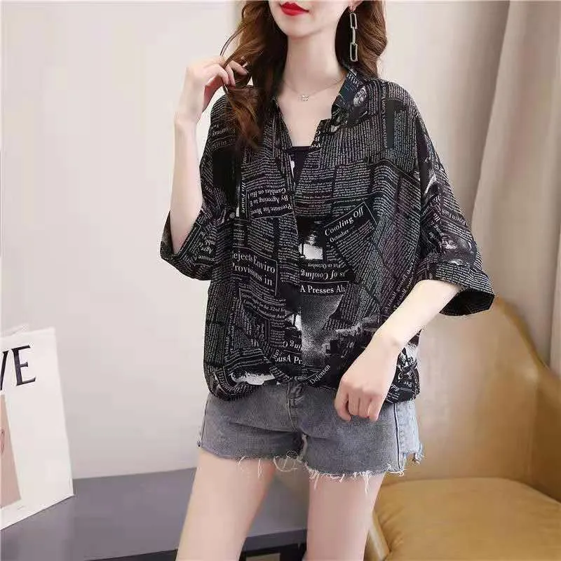 Summer new style plus size women's chiffon shirt female short-sleeved bat sleeve Korean version was thin wild shirt