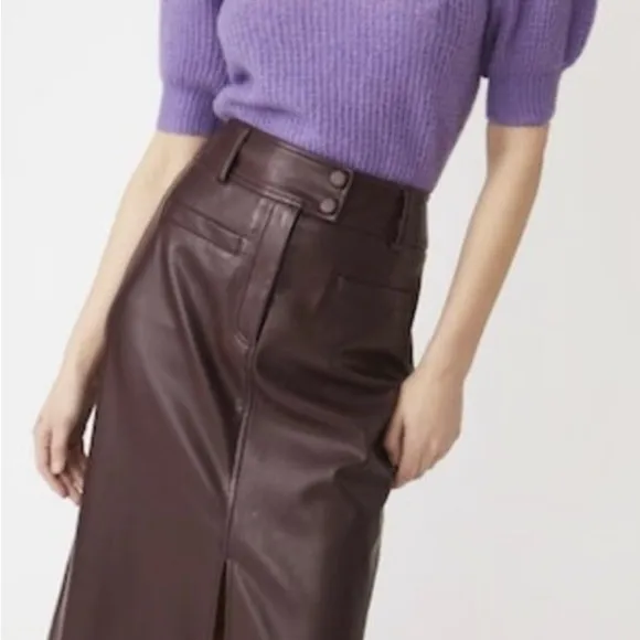 Suncoo Paris Faux Leather Brown Vegan Jupe Fancy Midi Skirt Sz T1