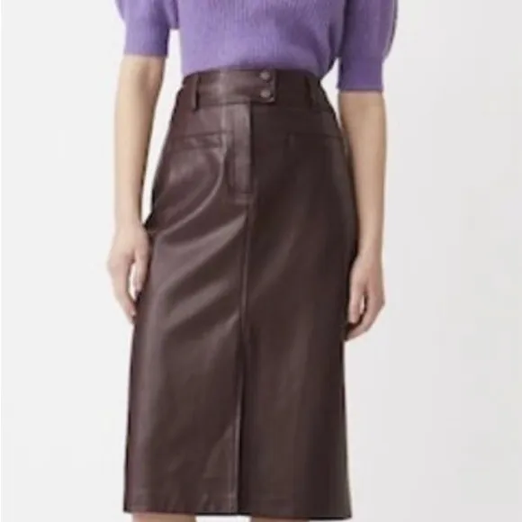 Suncoo Paris Faux Leather Brown Vegan Jupe Fancy Midi Skirt Sz T1