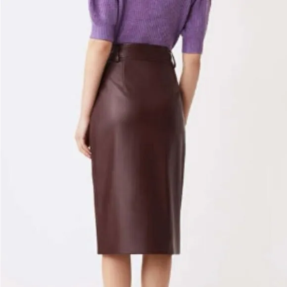 Suncoo Paris Faux Leather Brown Vegan Jupe Fancy Midi Skirt Sz T1