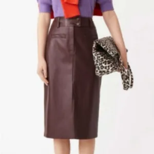 Suncoo Paris Faux Leather Brown Vegan Jupe Fancy Midi Skirt Sz T1
