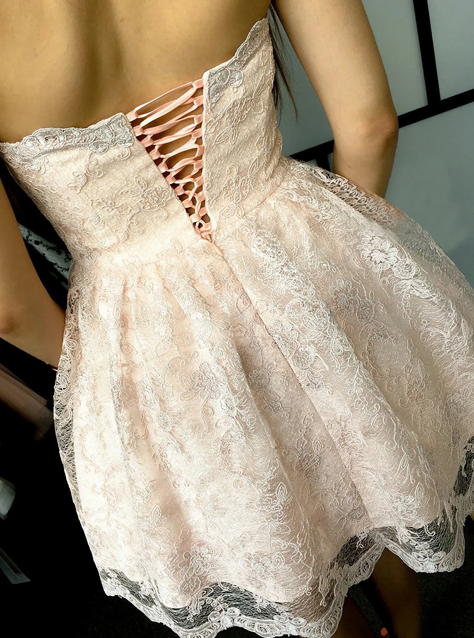 Sweetheart A Line Lace Pink Short Sweet Prom Dresses
