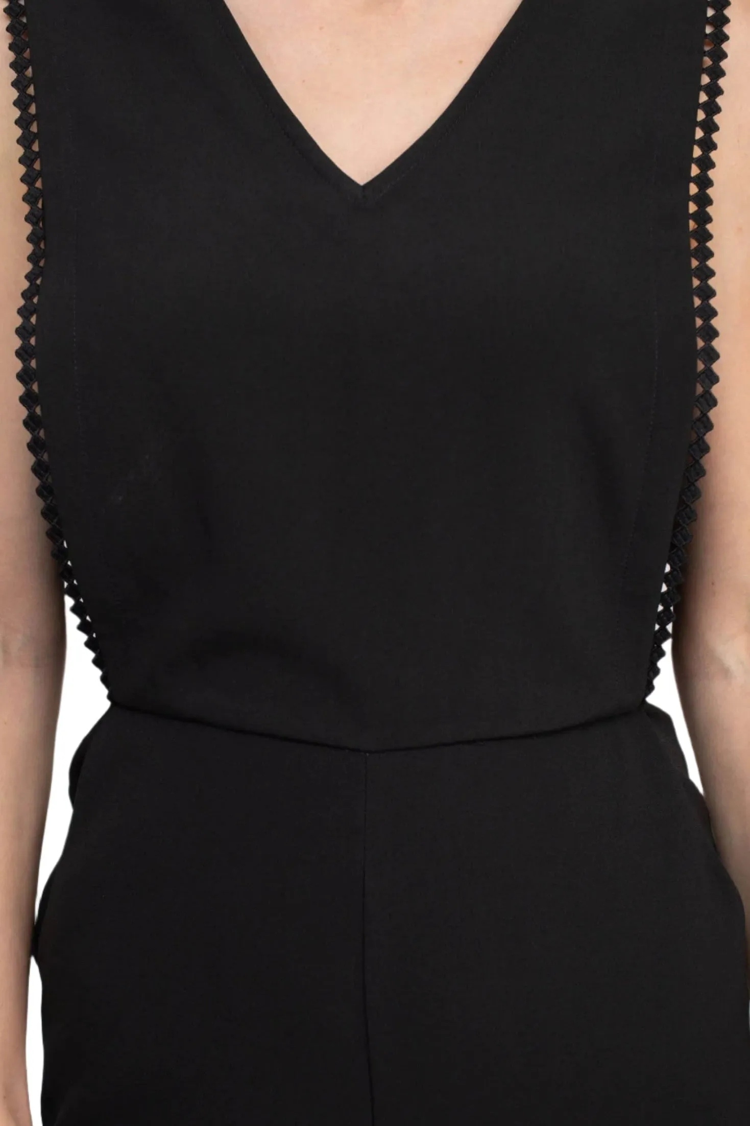 Taylor V-Neck Sleeveless Embellished Keyhole  Zipper Back Solid Crepe Jumpsuit