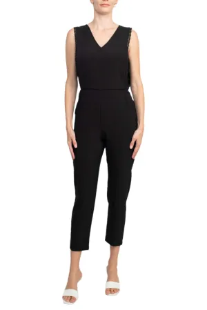 Taylor V-Neck Sleeveless Embellished Keyhole  Zipper Back Solid Crepe Jumpsuit