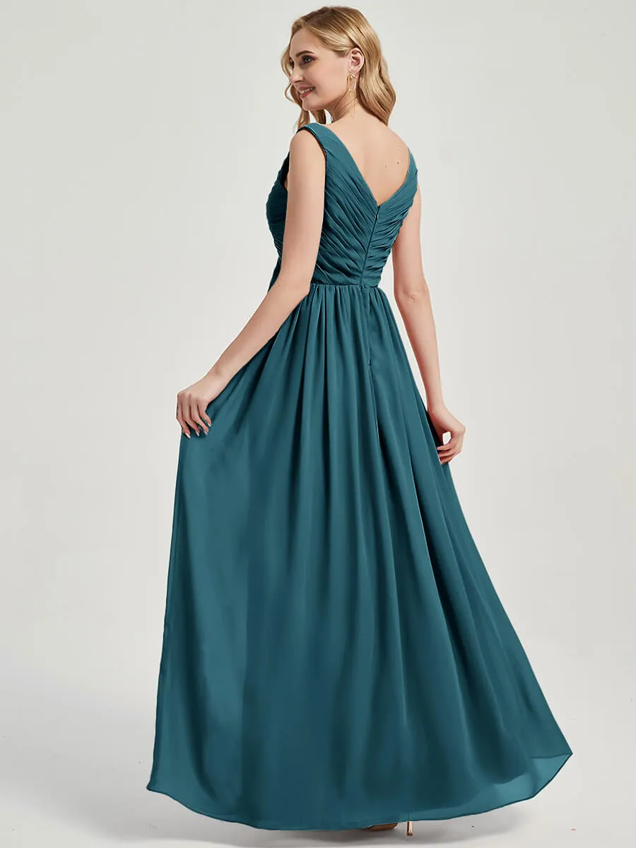 Teal Empire Sleeveless Pleated Chiffon Floor Length Bridesmaid Dress