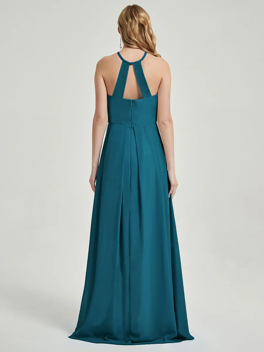 Teal Halter Sleeveless Empire Pleated Backless Chiffon Bridesmaid Dress