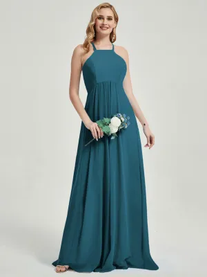 Teal Halter Sleeveless Empire Pleated Backless Chiffon Bridesmaid Dress