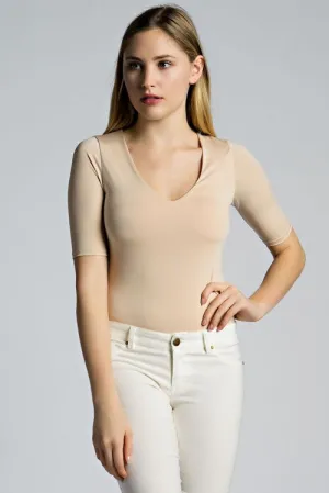 THE MYSTYLEMODE TAUPE V NECK 3/4 SLEEVE BODYSUIT