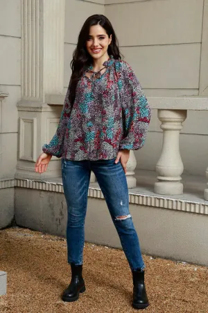 Tie Neck Baby Doll Heathered Balloon Sleeve Blouse
