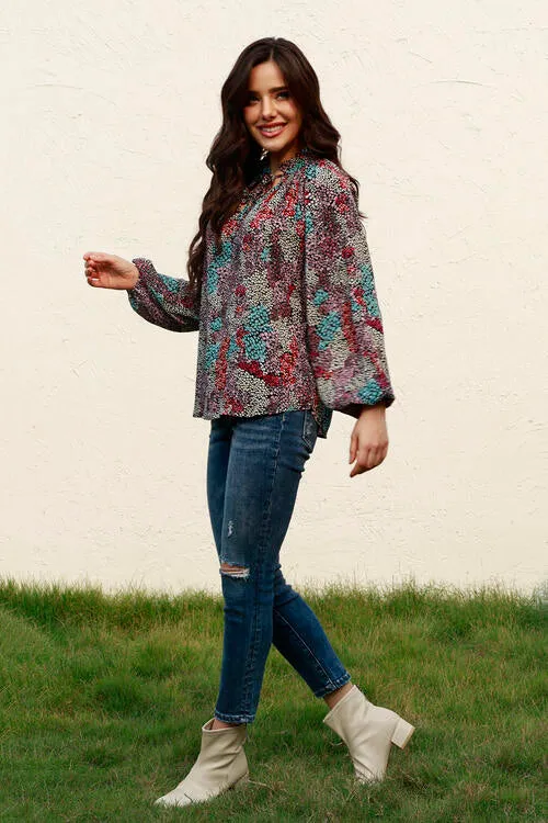 Tie Neck Baby Doll Heathered Balloon Sleeve Blouse