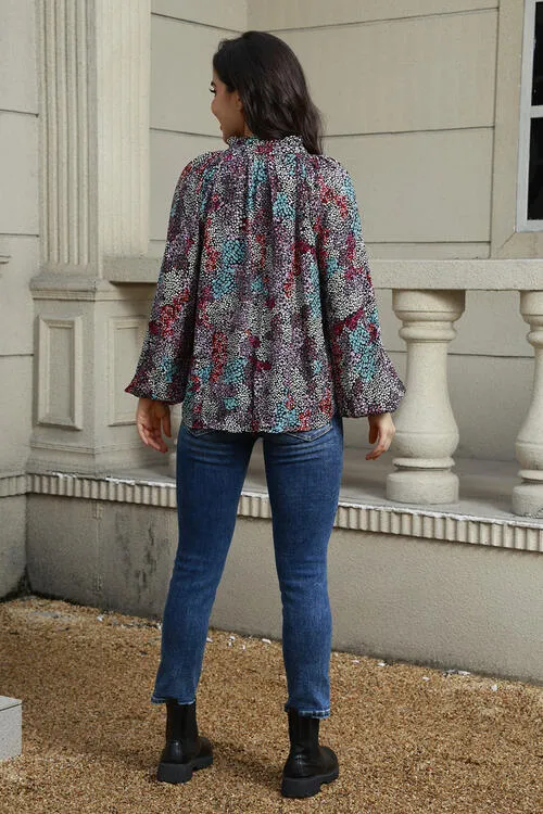 Tie Neck Baby Doll Heathered Balloon Sleeve Blouse
