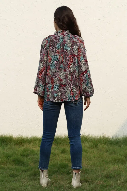 Tie Neck Baby Doll Heathered Balloon Sleeve Blouse