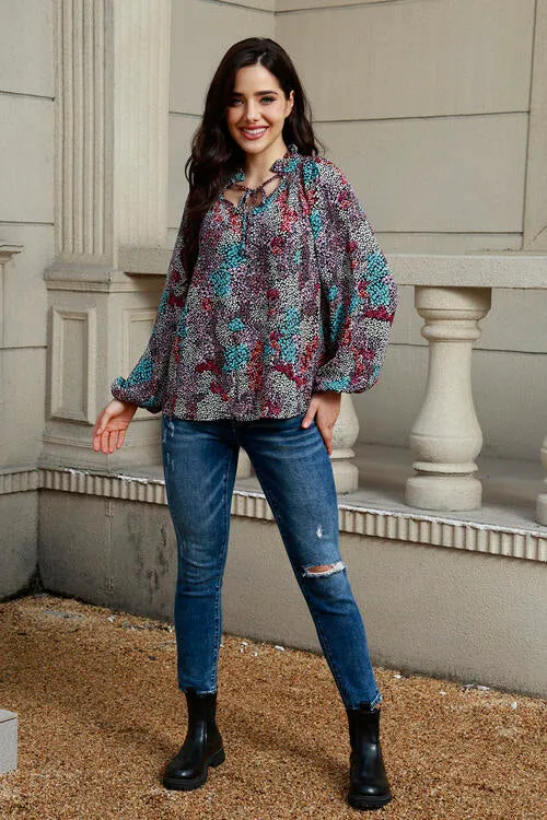 Tie Neck Baby Doll Heathered Balloon Sleeve Blouse