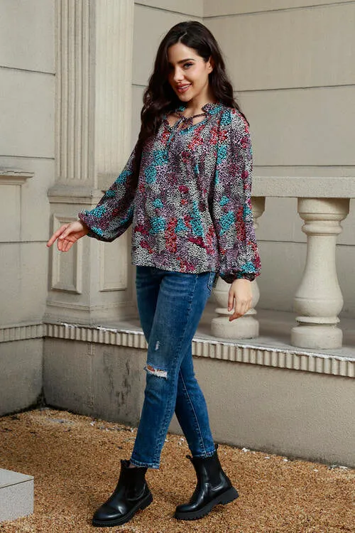 Tie Neck Baby Doll Heathered Balloon Sleeve Blouse
