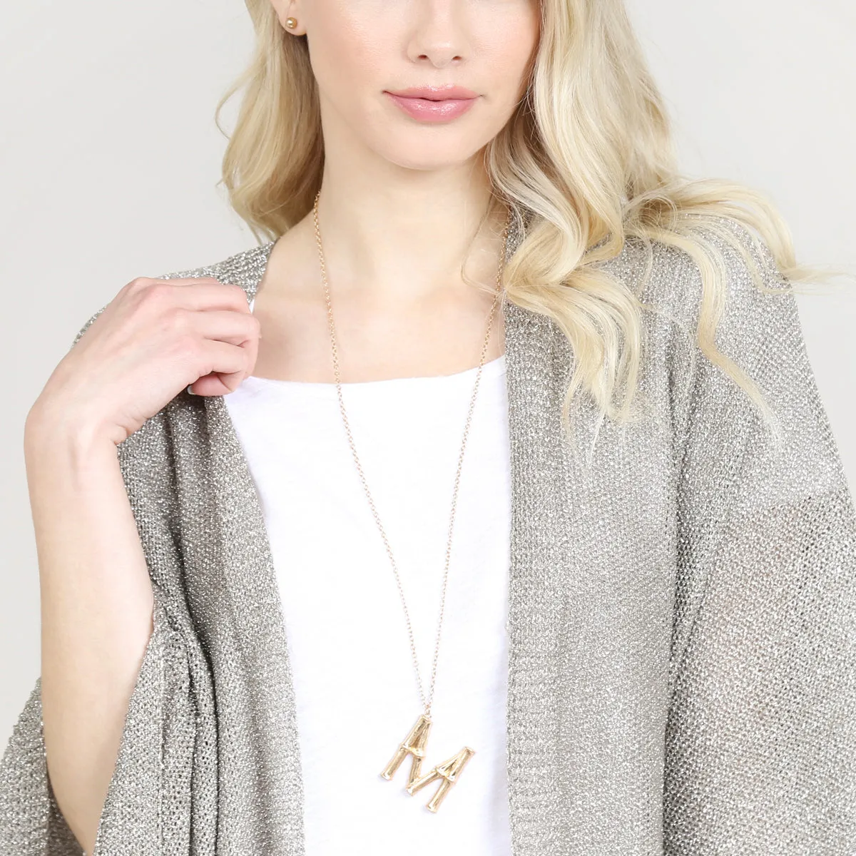TNE0415 - CAST METAL BAMBOO ALPHABET NECKLACE WITH STUD EARRINGS