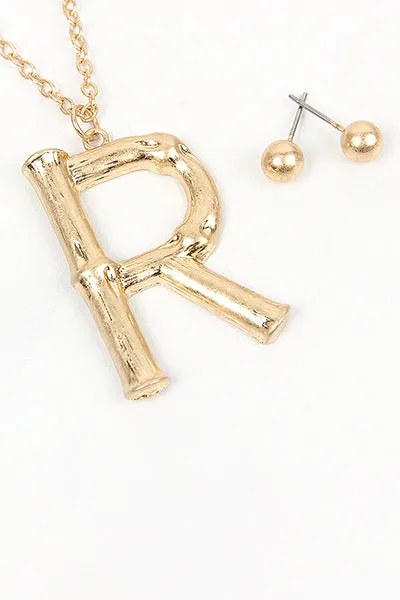 TNE0415 - CAST METAL BAMBOO ALPHABET NECKLACE WITH STUD EARRINGS