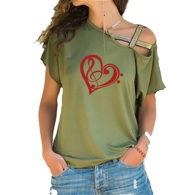 Treble Clef Bass Clef Heart T-Shirt Music Note Women Cotton Tops SJA9