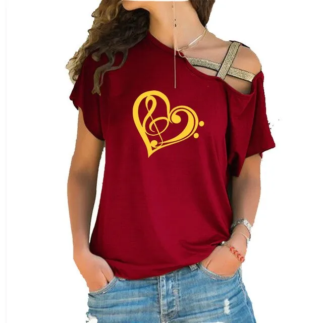 Treble Clef Bass Clef Heart T-Shirt Music Note Women Cotton Tops SJA9