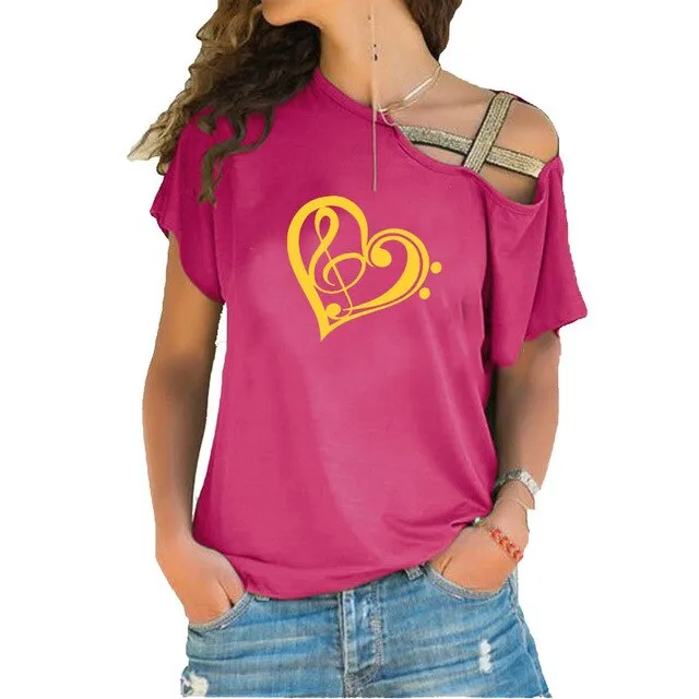 Treble Clef Bass Clef Heart T-Shirt Music Note Women Cotton Tops SJA9