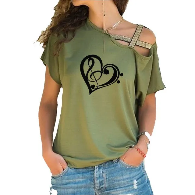 Treble Clef Bass Clef Heart T-Shirt Music Note Women Cotton Tops SJA9