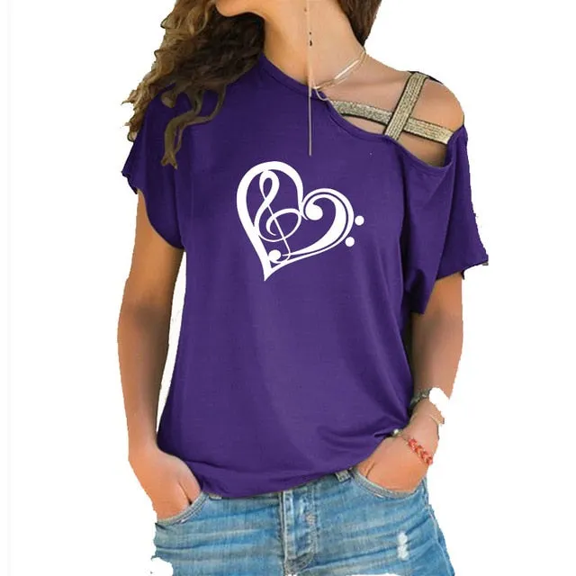 Treble Clef Bass Clef Heart T-Shirt Music Note Women Cotton Tops SJA9