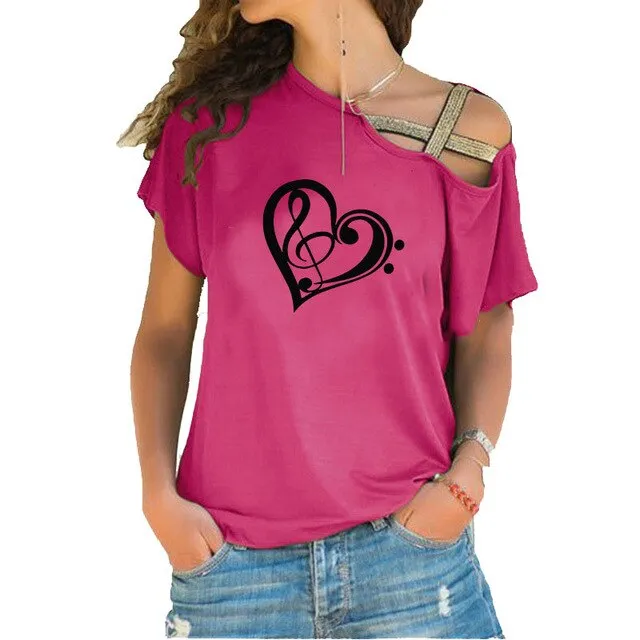 Treble Clef Bass Clef Heart T-Shirt Music Note Women Cotton Tops SJA9
