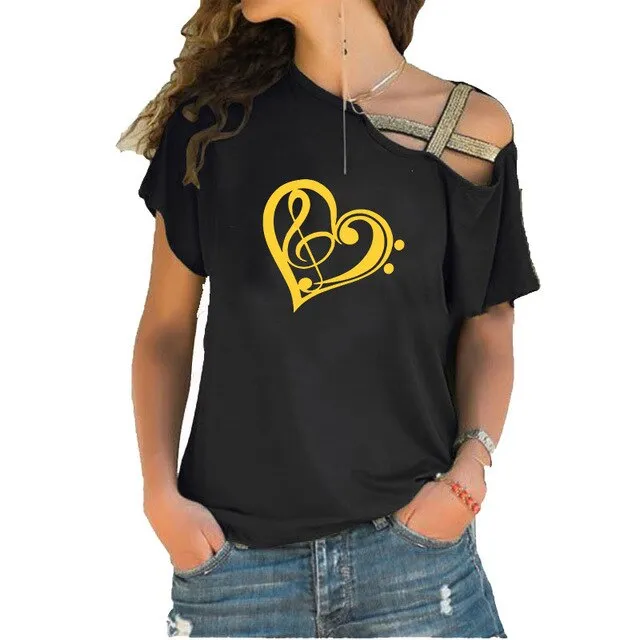 Treble Clef Bass Clef Heart T-Shirt Music Note Women Cotton Tops SJA9