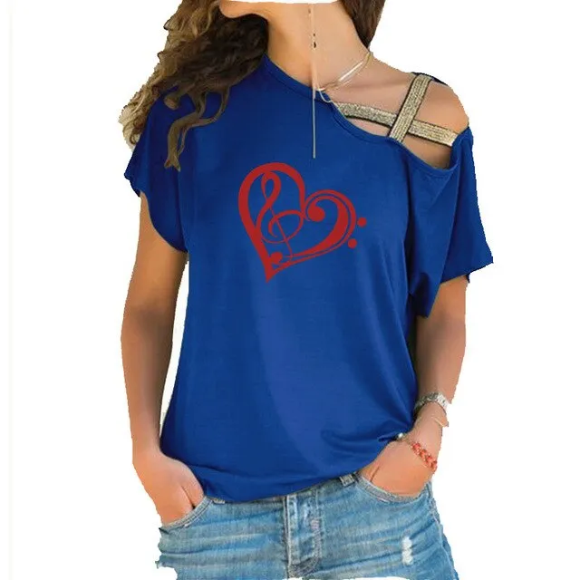 Treble Clef Bass Clef Heart T-Shirt Music Note Women Cotton Tops SJA9