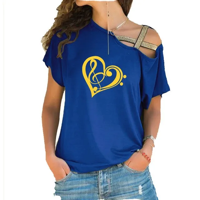 Treble Clef Bass Clef Heart T-Shirt Music Note Women Cotton Tops SJA9