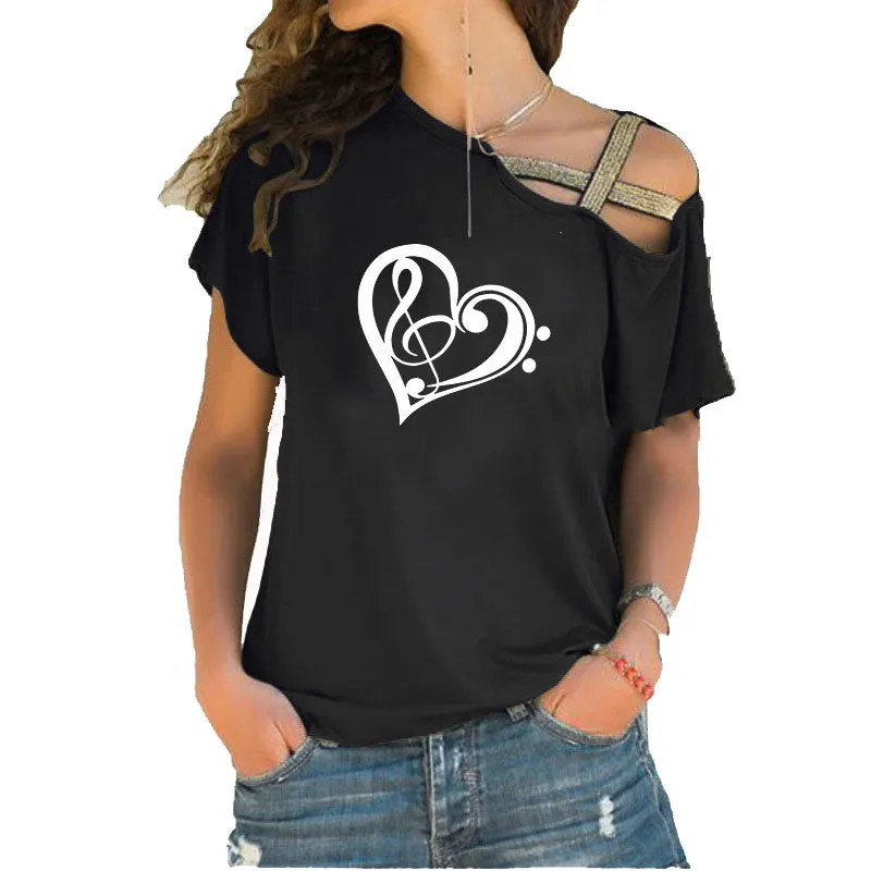 Treble Clef Bass Clef Heart T-Shirt Music Note Women Cotton Tops SJA9