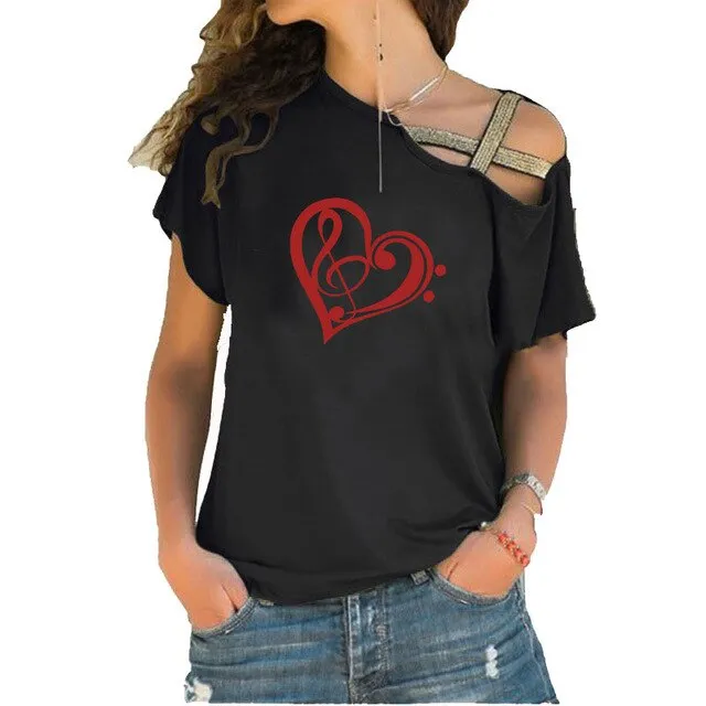 Treble Clef Bass Clef Heart T-Shirt Music Note Women Cotton Tops SJA9