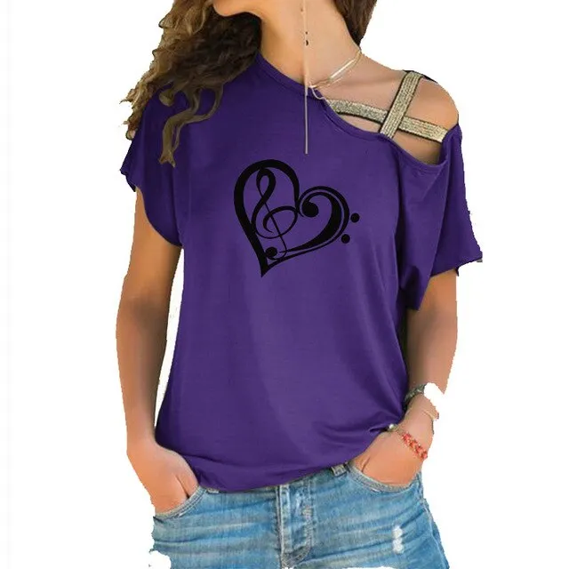 Treble Clef Bass Clef Heart T-Shirt Music Note Women Cotton Tops SJA9