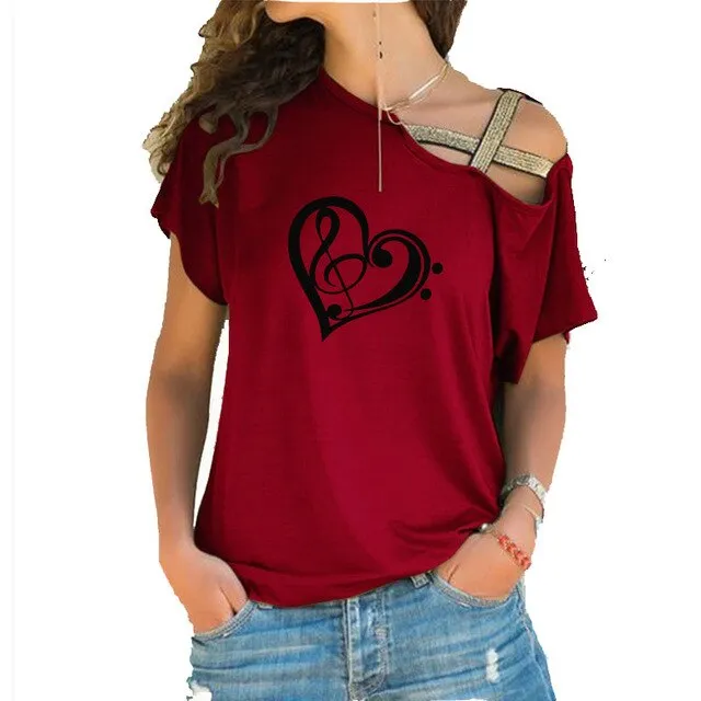 Treble Clef Bass Clef Heart T-Shirt Music Note Women Cotton Tops SJA9