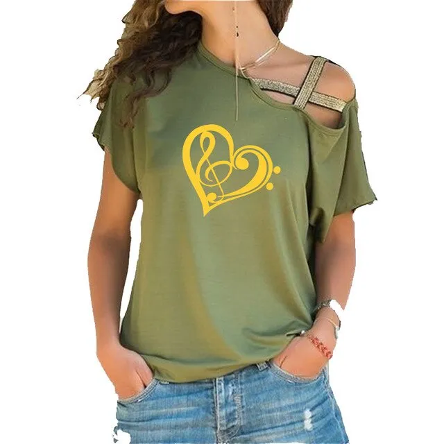 Treble Clef Bass Clef Heart T-Shirt Music Note Women Cotton Tops SJA9