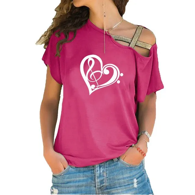 Treble Clef Bass Clef Heart T-Shirt Music Note Women Cotton Tops SJA9