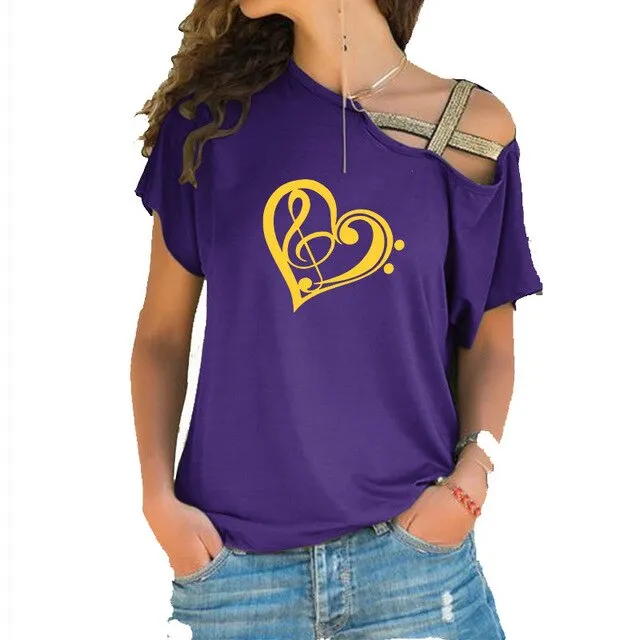 Treble Clef Bass Clef Heart T-Shirt Music Note Women Cotton Tops SJA9