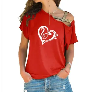 Treble Clef Bass Clef Heart T-Shirt Music Note Women Cotton Tops SJA9