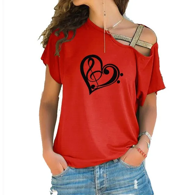 Treble Clef Bass Clef Heart T-Shirt Music Note Women Cotton Tops SJA9
