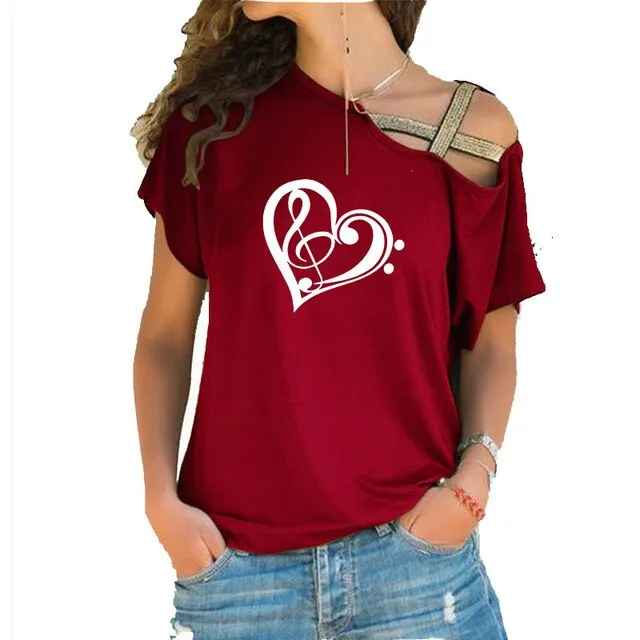Treble Clef Bass Clef Heart T-Shirt Music Note Women Cotton Tops SJA9