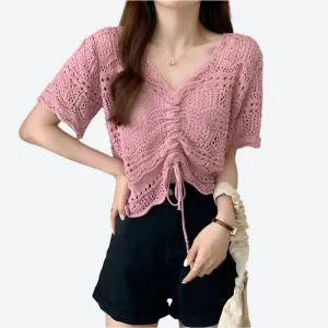 Trendy Crochet Drawstring Crop Tops