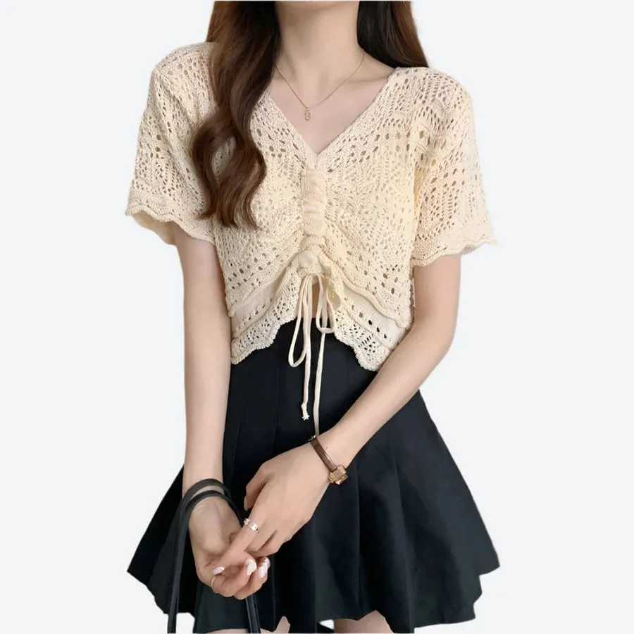 Trendy Crochet Drawstring Crop Tops