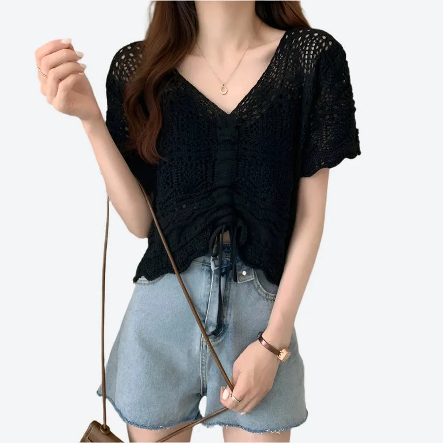 Trendy Crochet Drawstring Crop Tops