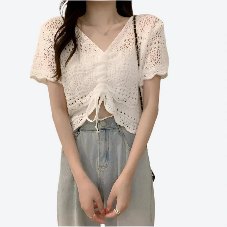 Trendy Crochet Drawstring Crop Tops
