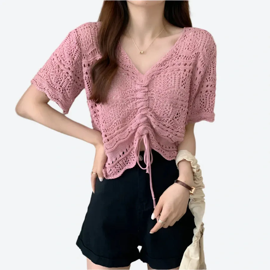 Trendy Crochet Drawstring Crop Tops