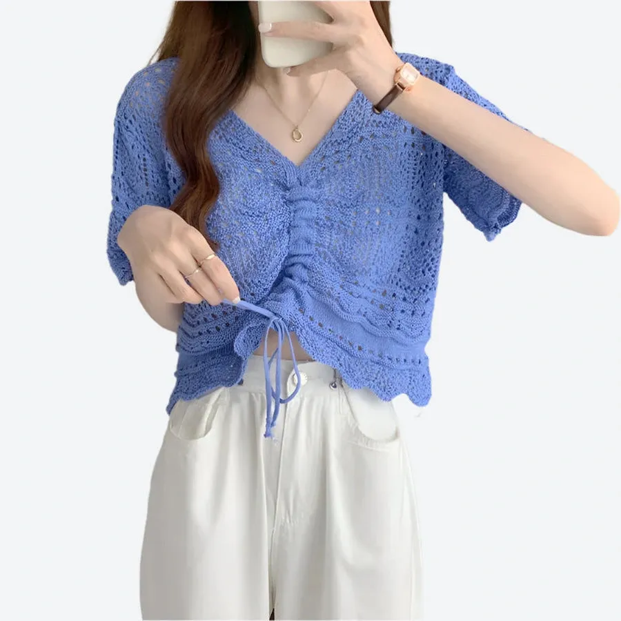Trendy Crochet Drawstring Crop Tops