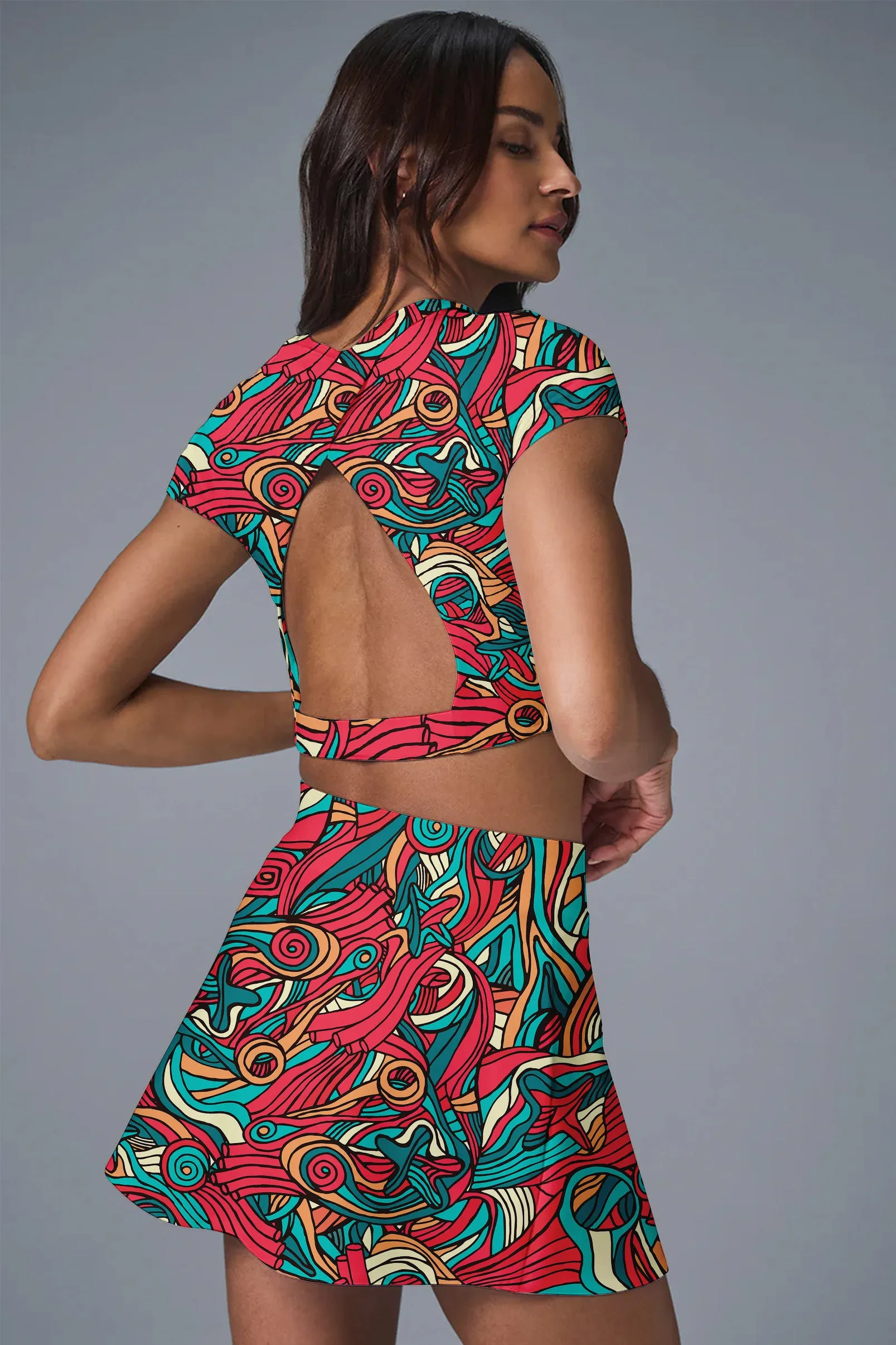 Tropic Vibes Performance Set – Women’s Crop Top & Skort with Abstract Jungle Swirl Print